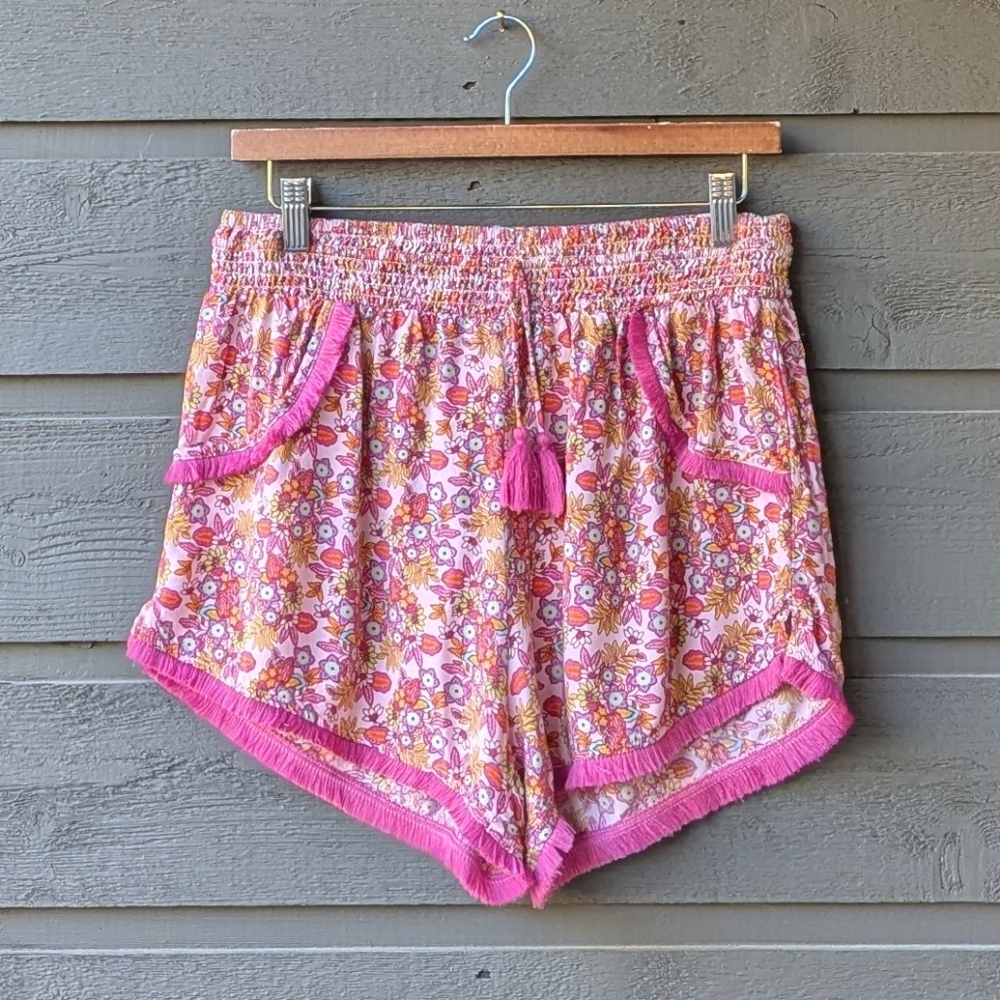 Japna Sleep Pink Ditsy Floral Fringe Pajama Lounge Shorts Pockets Size Large
